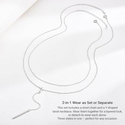 EPIRORA Layered Necklaces for Women, 16” & 20“ Double-Layer Lariat Necklace | 14k Gold/Silver Plated Long Necklaces for Women Trendy Layered Bar Pendant Drop Necklace Lariat Y Necklace Prom Jewelry Gifts - color: Silver
