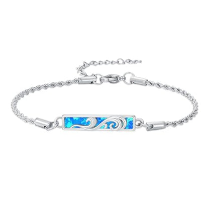 Waves/Tree of Life/Mushrooms/Moon Phase/Butterfly/Hummingbird Bracelet/Anklet 925 Sterling Silver Adjustable Abalone Shell Bar Bracelet/Anklet Summer Jewelry Gifts for Women - color: Waves-Blue Opal, size: Bracele 7"+2"