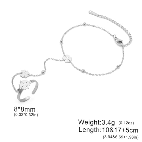 UNIFT Hand Chain Bracelets for Women Set Stainless Steel Adjustable Heart or Four-Leaf Clover Ring Chain Bracelet Trendy Dainty Jewelry Set Gifts - color: silver 2