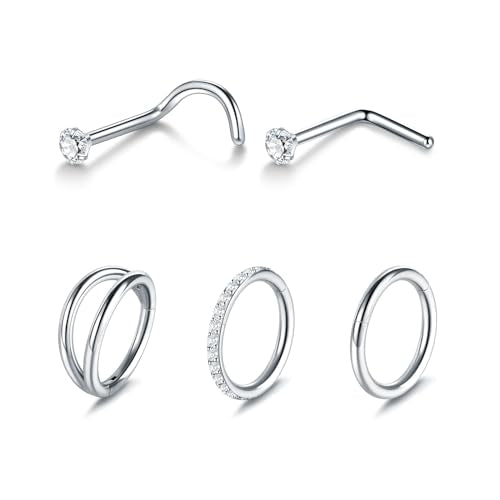 Xpircn 5pcs Hoop Nose Rings and L Shaped Nose Rings Stud Set 18G/20G Stainless Steel CZ Helix Conch Daith Tragus Cartilage Hoop Earrings for Women 6mm 7mm 8mm 10mm - color: Silver, size: 18G, 6mm hoop & 7mm studs