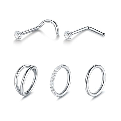 Xpircn 5pcs Hoop Nose Rings and L Shaped Nose Rings Stud Set 18G/20G Stainless Steel CZ Helix Conch Daith Tragus Cartilage Hoop Earrings for Women 6mm 7mm 8mm 10mm - color: Silver, size: 18G, 6mm hoop & 7mm studs