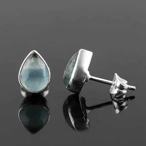 Aquamarine Birthstone Crystal Stud Earrings Pair for Women, Pear Cabochon, Healing Earrings Set, Women Jewelry, Dainty, Hypoallergenic Silver Plated (1 Pair) (8x6mm Stone)