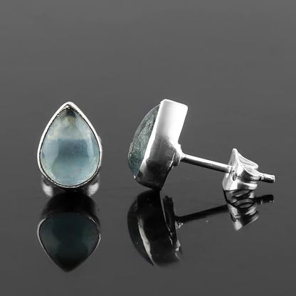 Aquamarine Birthstone Crystal Stud Earrings Pair for Women, Pear Cabochon, Healing Earrings Set, Women Jewelry, Dainty, Hypoallergenic Silver Plated (1 Pair) (8x6mm Stone)