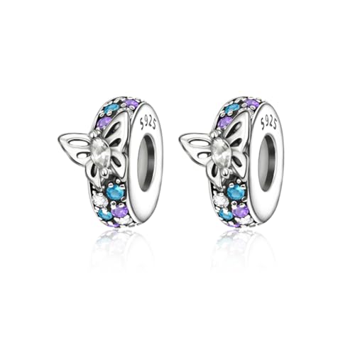 ARTCHARM Clasp Love Safety Chain Charm - Authentic 925 Sterling Silver Heart Beads - Fit European Style Bracelet - color: 2pcs Butterfly Colorful Spacer Stopper