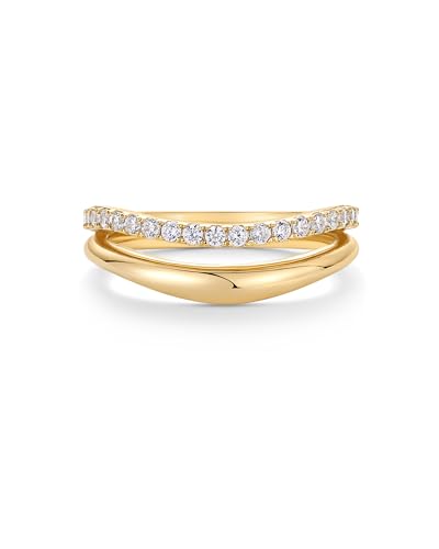 PAVOI 14K Gold Plated Wavy Split Ring - Wave Gold Stackable Rings for Women with Cubic Zirconia - Dainty Wedding Band - Trendy Bridal Fashion Jewelry - color: Yellow Gold