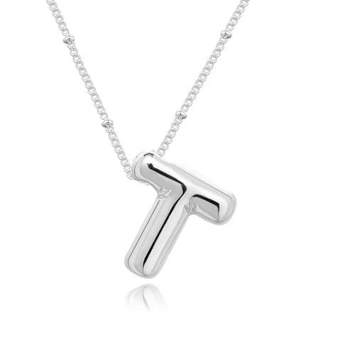 Ewrkbrㅤ Initial Necklaces for Women, 14k Gold Plated Bubble Letter Necklace Chunky Gold Necklace Dainty Charm Initial Necklaces for Women Trendy Custom Preppy Stocking Stuff Necklace Christmas Gifts - color: Silver, style: T