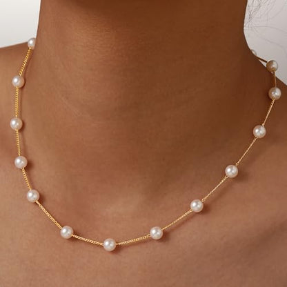Ritach Pearl Necklaces for Women - Real Gold Plated Dainty Pearl Necklace Daisy Round Drop Pearl Choker Necklace Layered Gold Necklace for Women Teen Girls Bridesmaid Wedding Birthday Gifts - style: Gold-Satellite Pearl