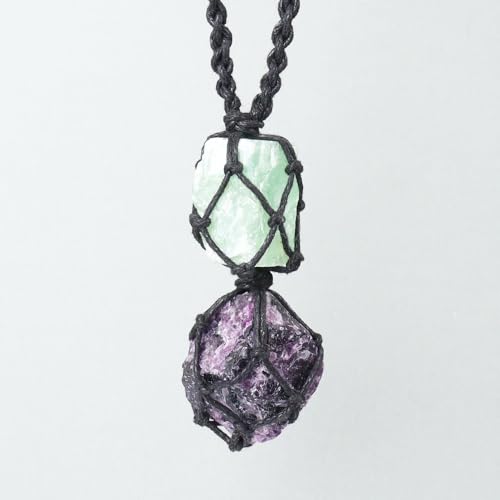 Anjiucc Handmade Crystal Cage Holder with Raw Gemstone Pendant Necklace Natural Stone Healing Crystal Necklace Adjustable Length - color: Purple Fluorite+Green Fluorite