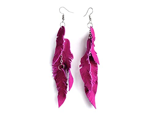 Leather Feather Earrings, Suede layered earrings, boho wedding jewelry, summer earrings, gift for her, dangle earrings - color: Bright pink
