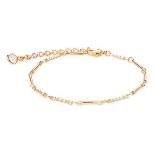 LOYATA Chain Bracelet Gold Link 14K Gold Plated Dainty Pearl Bracelet Simple Jewelry Gift for Women - style: Flat Bar