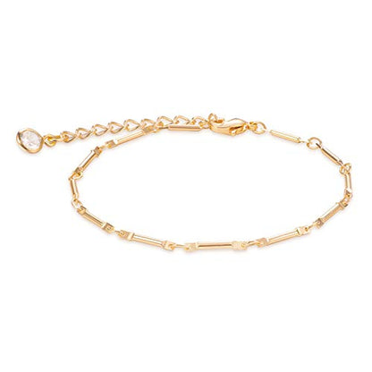 LOYATA Chain Bracelet Gold Link 14K Gold Plated Dainty Pearl Bracelet Simple Jewelry Gift for Women - style: Flat Bar