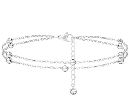 Dainty Simple Chain Anklet for Women 18k Gold/Silver Plated Summer Beach Beaded Evil Eye Moon Figaro Butterfly Satellite Cuban Pearl Flat Marina Anklet Gift - color: Layered Beaded-SL