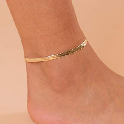 PAVOI 14K Gold Plated Chain Anklets for Women - Minimalist Link Chain Ankle Bracelet - Dainty Gold Anklets for Women - Trendy Summer Beach Jewelry Gifts - Snake, Figaro, Mariner, Paperclip, Beaded - style: Snake-L