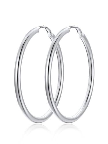 FindChic Hoop Earrings for Women, Silver/Black/14K Gold Plated Hypoallergenic Hollow Round Tube Loop Earrings, 20mm/30mm/40mm/60mm/80mm Chunky Hoops with Custom Name Options & Gift Box - color: b.Silver, size: 80MM