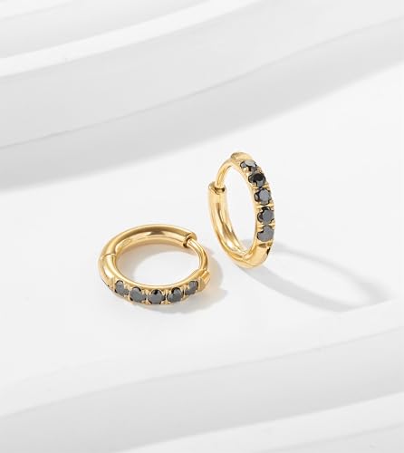 Hypoallergenic Unisex Surgical Steel Small Cubic Zirconia Huggie Hoop Earring, Color Gold - Silver - Rose Gold - Black - Rainbow, Size 6mm- 12mm Safe for Sensitive Ear - style: P06 : 8mm - gold - black cz