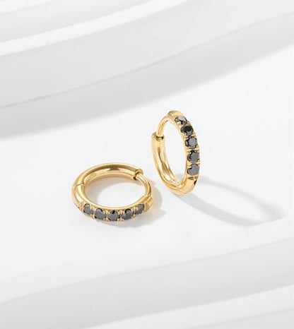 Hypoallergenic Unisex Surgical Steel Small Cubic Zirconia Huggie Hoop Earring, Color Gold - Silver - Rose Gold - Black - Rainbow, Size 6mm- 12mm Safe for Sensitive Ear - style: P06 : 8mm - gold - black cz
