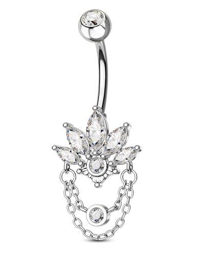 COCHARM 14G Lotus Belly Button Rings Dangle Belly Navel Rings for Women Surgical Steel Navel Piercing jewelry - color: WG-10MM