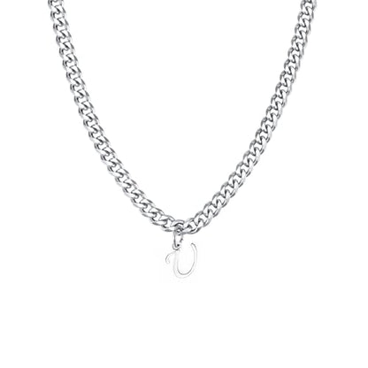 Stainless Steel Initial A-Z Necklace for Men Women,Cuban Chain,Titanium Steel Initial Letter Pendant Charm Necklaces Accessories Jewelry for Woman Man,21 Inch Chain - color: U
