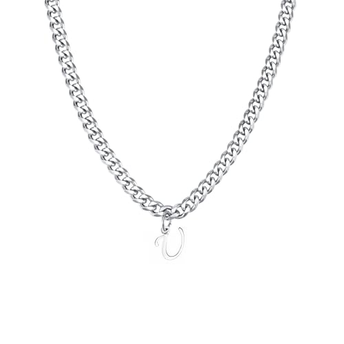 Stainless Steel Initial A-Z Necklace for Men Women,Cuban Chain,Titanium Steel Initial Letter Pendant Charm Necklaces Accessories Jewelry for Woman Man,21 Inch Chain - color: U