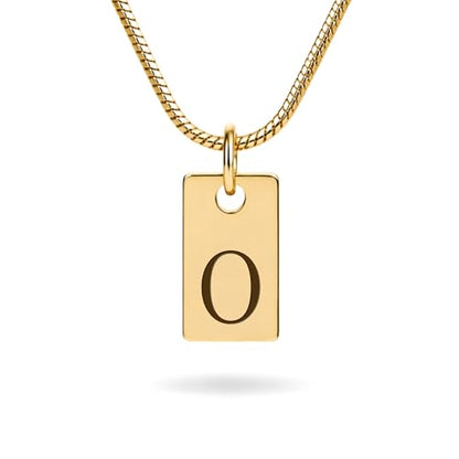 Initial Necklace in 18K Gold Plated, Personalized Engraved Letter Pendant, Gold Snake Chain, 6×10 mm Rectangle Charm for Women - color: O