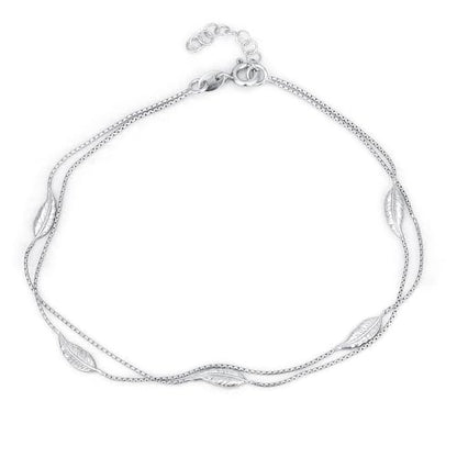 Vanbelle Genuine Sterling Silver Jewelry - Rhodium Plated with 925 Stamp - Designer Leaf Anklet - Elegant handcrafted Double layered Chain Anklet for Women - 9" long + 1" extender
