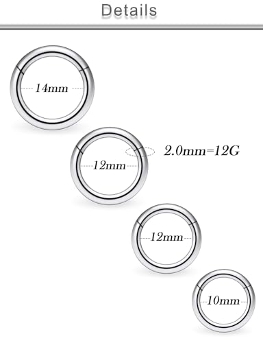 20G 18G 16G 14G 12G 10G Surgical Steel Hinged Clicker Segment Nose Rings Hoop Lip Rings Helix Cartilage Daith Tragus Sleeper Earrings Body Piercing for Women Men 6mm 8mm 10mm 12mm 14mm 16mm - color: Silver-12G（2.0mm)-Inner Diameter: 10mm 12mm 14mm 16mm