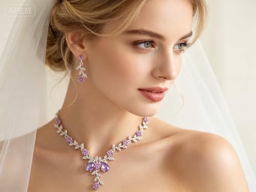 Kamirola Women's Wedding Jewelry Leaf Cluster Flower Crystal Dangle Earrings Pendant Necklace Set for BridalCrystal Bridal Jewelry Set - color: Silver Purple