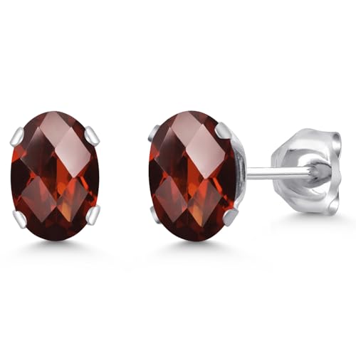 Gem Stone King Oval Gemstone Birthstone Stud Earrings for Women Men | Oval Cut 7X5MM | Fine Jewelry Gifts for Mom Dad Wife Him Her - style: Garnet-Checkerboard, January