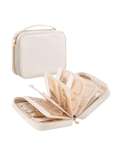 Lolalet Travel Jewelry Notebook Organizer Case, Large Jewelry Binder Book with Individual Pouches, Portable Leather Zippered Bag for Storage of Earring, Ring & Necklace, Gift for Women -Beige - color: Beige