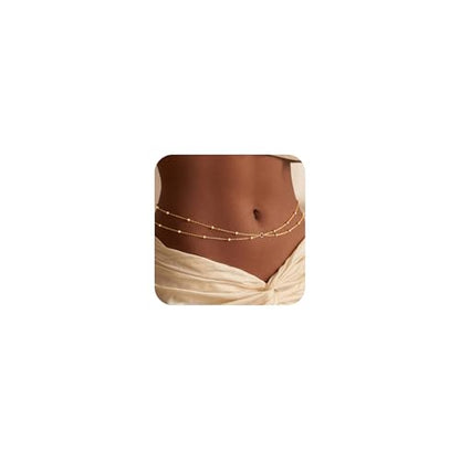 Layered Waist Chain for Women Waterproof, 14K Gold/Silver Plated Belly Chain Belt Waist Beads Chain Herringbone Snake Satellite Body Chain Beach Summer Fashion Jewelry Gift - style: Style 2