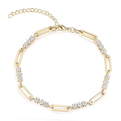 Paperclip Bracelet for Women Couple Bracelets with CZ Chain Strand Jewelry Gift for Girls - color: Style 2-Golden, 7 inches