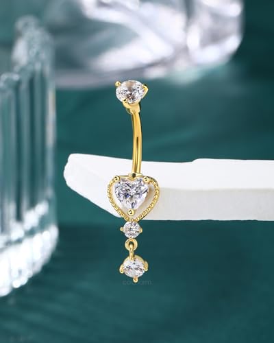 Dangle Belly Button Rings 14G Heart Belly Navel Rings for Women Surgical Steel Navel Piercing Jewelry - color: YG-10MM