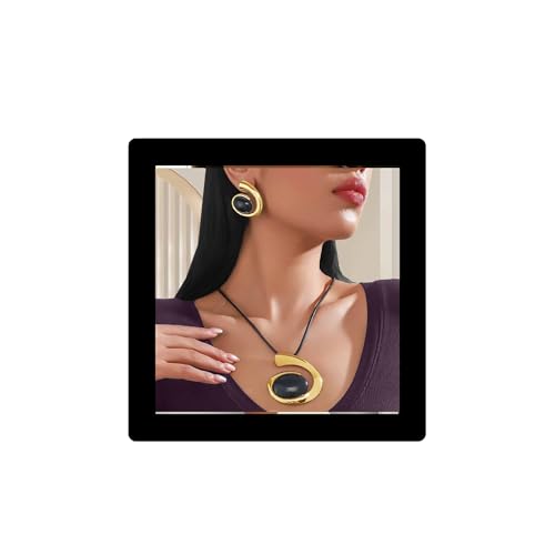 Gold Jewelry Set, Bohemian Double-Layer Black Rope With Oval Black Acrylic Pendant Necklace And Bracelet Set Vintage Trendy Golden Necklaces Bracelets For Women Gift - color: Gold-1