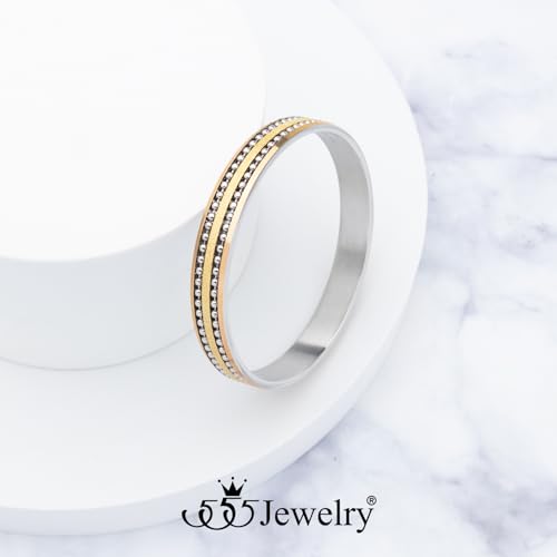 555Jewelry 12mm Wide Stainless Steel Solid Slip On Bangle Bracelet for Women With Small Wrist - color: Silver\Gold\Rose (Large)