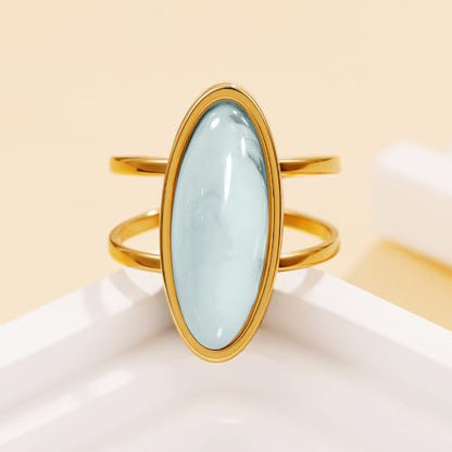 OIDIMS Fashion Geometric Oval Statement Ring for Women Gold-Tone Stainless Steel Dainty Faux Gemstone Adjustable Open Wedding Band Boho Trendy Comfirm Fit Wrap Finger Rings Cocktail Party Jewelry - color: Blue
