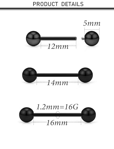16G 14G 12G Black Nipple Piercings Tongue Rings Externally/Internally Threaded Hypoallergenic 316L Surgical Steel Nipple Tongue Barbell Piercing Jewelry for Women Men 12mm 14mm 16mm 19mm 22mm - color: 16G/Internally Threaded/12mm-16mm Bars/5mm Balls