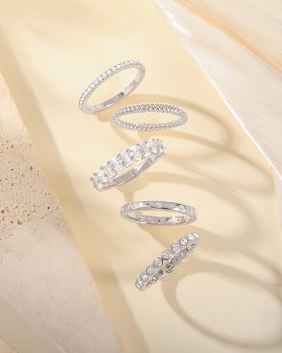 Gold Silver Stackable Rings for Women Non Tarnish Cubic Zirconia Band Ring | 14K Gold Plated,Stacking Chunky Eternity Rings,Dainty Engagement Promise Thumb Rings,Wedding Ring Set,Jewelry Size 6 7 8 9 10 - color: Silver 2