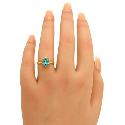 18K Gold Filled Non-Tarnish Ring for Women – Oval Multi Gemstone Solitaire Band – Classic Birthstone Jewelry for Everyday Wear - color: London Blue Topaz