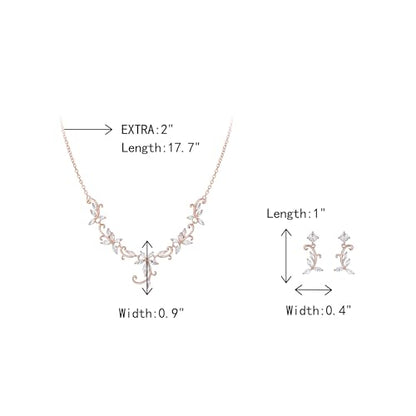 Crysdue Flower Leaf Wedding Jewelry Set for Bridal Bridemaid, Cubic Zirconia Teardrop Elegant Silver/14K/Rose Gold Plated Vine Necklace Dangle Earrings for Prom Party - style: A_Rose Gold Tone