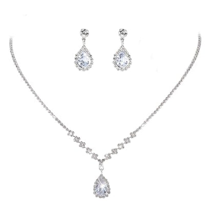 CIEHER Silver 2/3 Pieces Women Jewelry Set - Drop Necklace + Crystal Teardrop Dangle Earring Clips, Crystal Clip On Earrings Silver Non Pierced - style: Formal