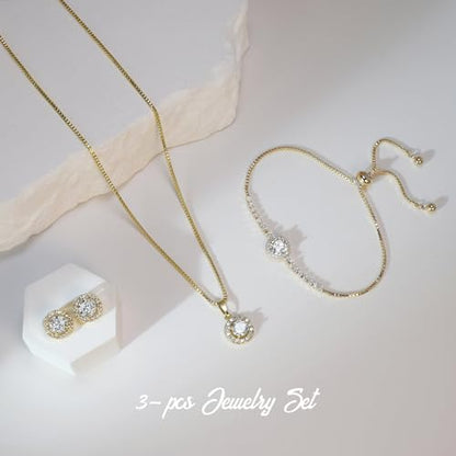 Bridesmaid Bride Wedding Jewelry Set - Round Cubic Zirconia | Earrings Necklace Bracelet Set, Hypoallergenic Prom Party Jewelry Gift for Her - color: Gold