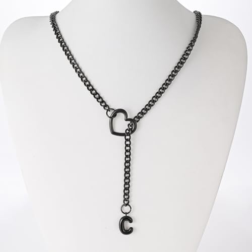 sroyte Black Heart Slip Chain Initial Necklaces for Women,Stainless Steel O-Ring Adjustable Lariat Heart Y-Necklace,Punk Gothic Cuban Collar Choker Necklace for women - color: Black C