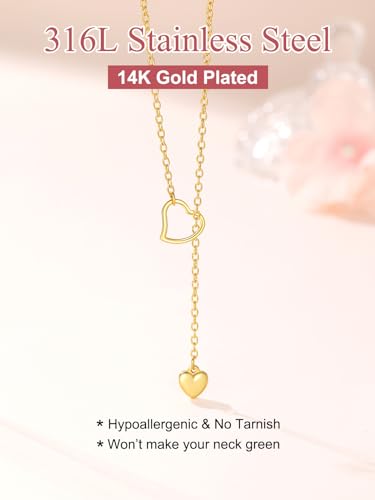FOCALOOK Heart Lariat Necklaces for Women, Long Slip Chain Necklace | Hypoallergenic 316L Stainless Steel Silver/Black/Gold Plated, Front Slider Closure, Non Tarnish, Layered look, Everyday Wear - color: 06:Gold Heart-Custom