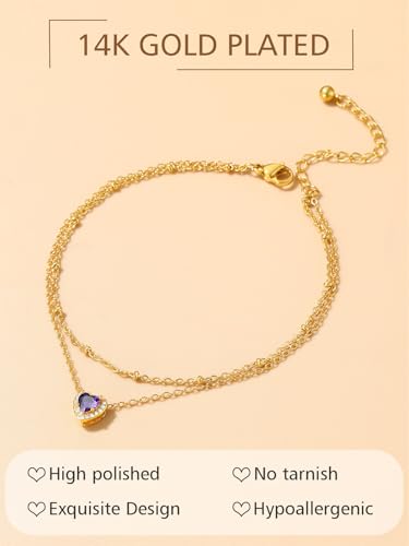 FindChic Bling Heart Birthstone Anklets Layered Beaded Ankle Bracelets for Women Gold/Black/Silver 12 Month Gem Colors Foot Chain Summer Jewelry for Girls, with Gift Box - color: Gold, style: 05. MayCreated Emerald