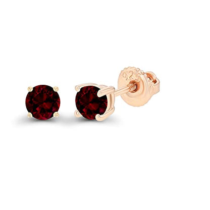 14K Gold Plated 925 Sterling Silver Hypoallergenic 4mm Round Genuine Birthstone Solitaire Screwback Stud Earrings - color: Garnet