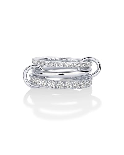 PAVOI 14K Gold Plated Interlocking Ring for Women - Chunky Connected Bands Interlock Stackable Rings for Women - Trendy Cubic Zirconia Two Tone Interlocked Multi-Band Statement Jewelry - style: Triple bands plain & CZ - White Gold