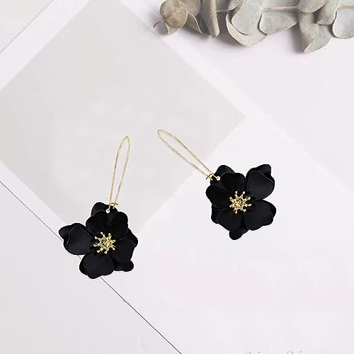 Bohemian Daisy Flower Matte Floral Long Petal Drop Dangle Earrings Layered Tiered for Women Chic Boho Wedding Jewelry - color: Black