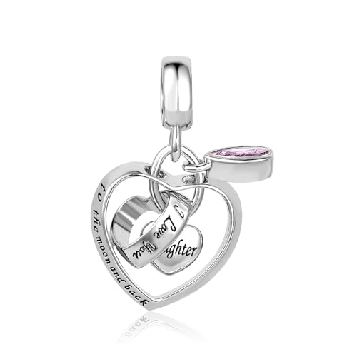 Interlocking Love Heart Dangle Charm fits Pandora Charms Bracelets with Pink Birthstone Cubic Zirconia I Love You to the Moon and Back - style: I Love You to the moon and back Daughter