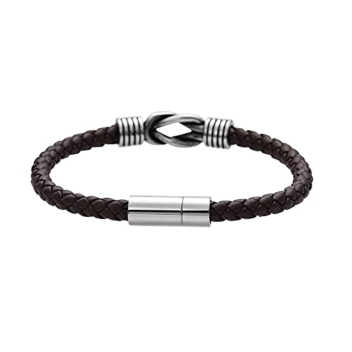 Geoffrey Beene Men's Braided Genuine Leather Knot Bracelet with Stainless Steel Closure - color: Brown