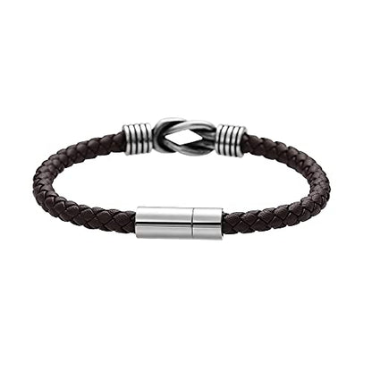 Geoffrey Beene Men's Braided Genuine Leather Knot Bracelet with Stainless Steel Closure - color: Brown